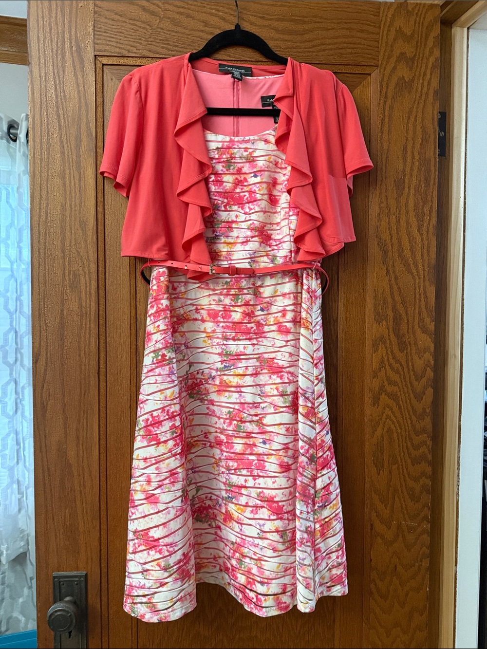R&M Richards Coral Bolero with Pink & White Floral Stripe Dress